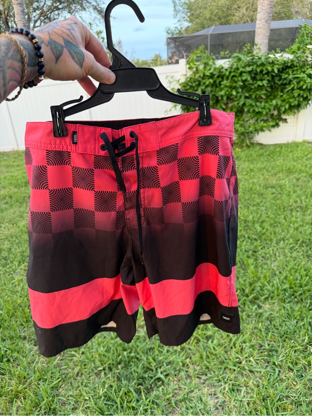Vans Men’s Pink and Black Checkerboard Swim Shorts Size 32